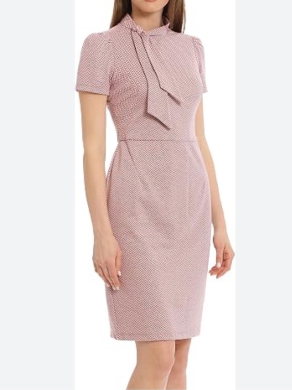 Maggy London Dusty Pink Chevron Pattern Tie-Neck Sheath Midi Dress Size 8